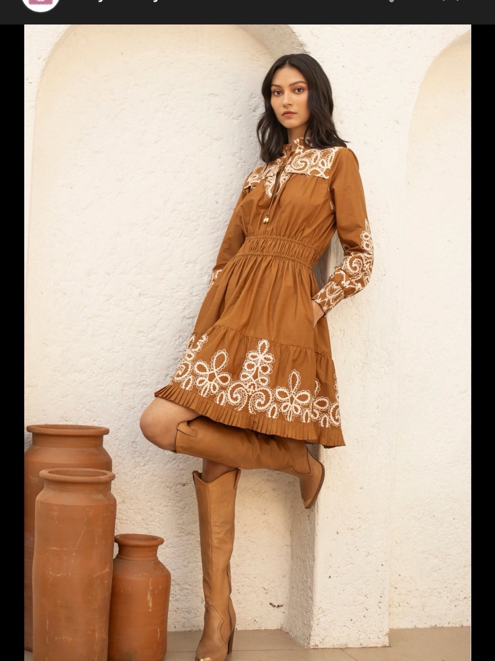 Embroidered Tan Tiered Long-Sleeve Dress